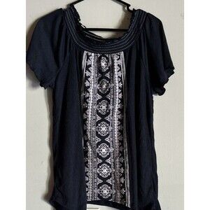 New Directions Womens Size XL Embroidered Floral Peasant Top Short Sleeve